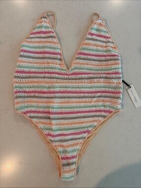Lovers + Friends Striped Crochet One Piece Swimsuit